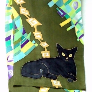 Black Cat silk scarf in green. Pure silk Hand painted silk scarf with black, yellow and green painted silk. Batik silk scarves image 3
