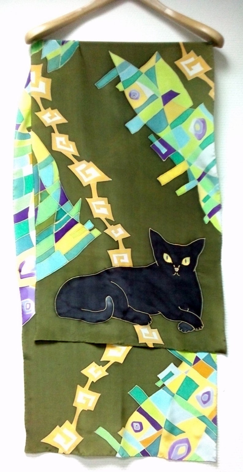 Black Cat silk scarf in green. Pure silk Hand painted silk scarf with black, yellow and green painted silk. Batik silk scarves image 3