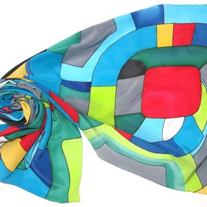 Silver Spiral silk scarf. Hundertwasser scarf Hand painted silk scarf in red green yellow blue painted silk. Hand made scarf silk painting