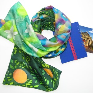 green silk scarf - Orange tree - Hand painted silk scarf in batik technique. Painted silk scarves. Neck scarf. Soft, lightweight, pure silk