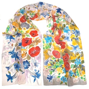 Mohn Seidenschal. Mohnblumen Blumenstrauß. Hand bemalte Seide Schal, rot blau grau handbemalter Seide Schal, Batik gemalt. RDY zu versenden