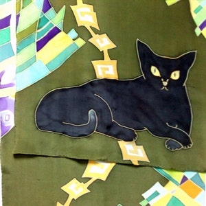 Black Cat silk scarf in green. Pure silk Hand painted silk scarf with black, yellow and green painted silk. Batik silk scarves image 4