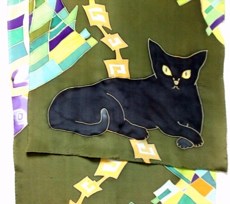 Black Cat silk scarf in green. Pure silk Hand painted silk scarf with black, yellow and green painted silk. Batik silk scarves image 4