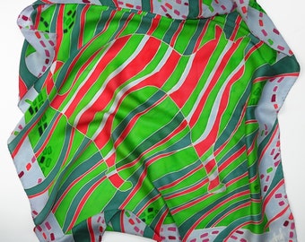 green silk scarf  Cat in red stripes  -  Hand painted silk scarf. Batik handpainted silk scarves. Neck scarf.