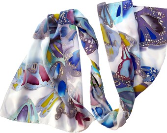 Hand painted silk scarf - Butterflies in Daylight. White painted batik scarf silk, hand painted scarf. Lightweight silk scarves. Hand-rolled