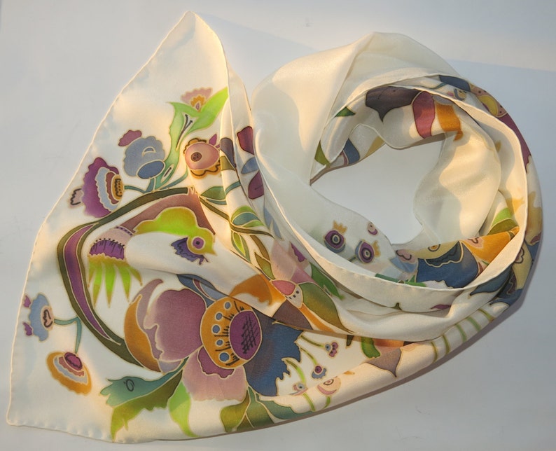White Silk Scarf With Floral Motifs by Folk Art. Hand Painted - Etsy