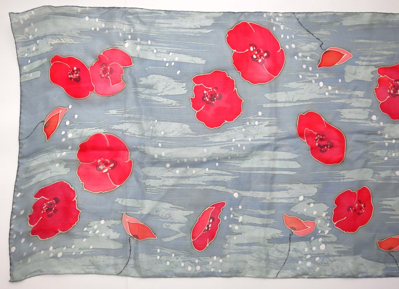 Poppies Silk Scarf. Hand Painted Silk Scarf. Red Poppy on Gray. Floral ...