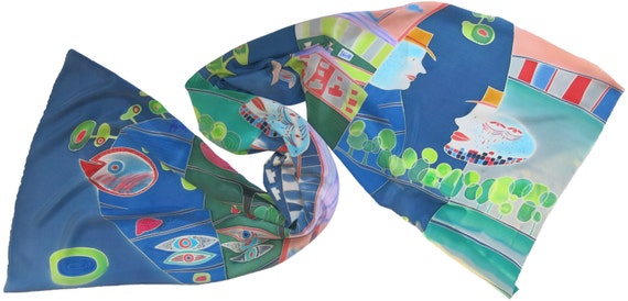Hand Painted Silk Scarf - Hundert Wasser Atlantis Motif, Blue Moon