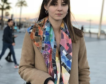 Gaudi Inspired Silk Scarf – Hand Painted Square Shawl, Barcelona Art
