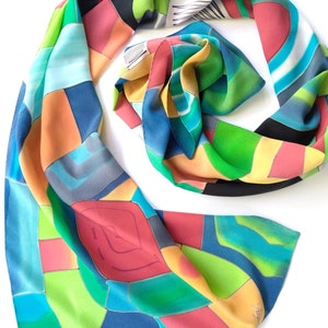 silk scarf Silver Spiral. Hundertwasser scarf Hand painted silk scarf in red green yellow blue painted silk Batik silk painting