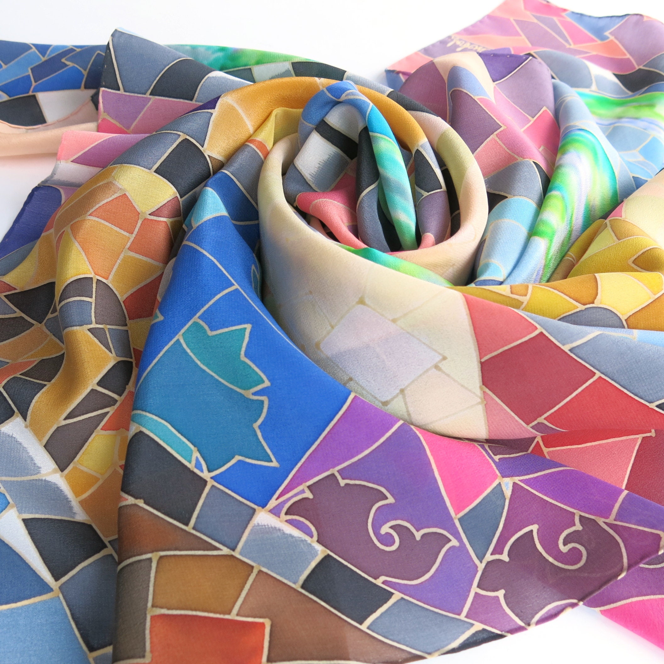 Gaudi Silk Scarf - Hand Painted Silk Shawl. Silk Painting