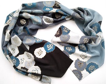 Rose silk scarf Dark Flowers Hand painted silk scarf with black, gray, white, blue painted silk . Floral scarf. Batik silk scarves