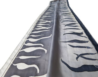 black silk scarf on white - My Spicy Code silver gray scarf , hand painted silk scarves , batik  paint. Black and white scarf.