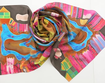 Hand Painted Silk Scarf, Batik Serti Technique