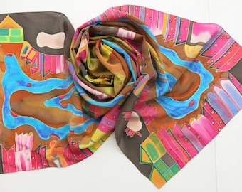 silk scarf Hundertwasser motives. Hand painted silk scarf in yellow, pink, blue painted silk. Batik scarf silk painting