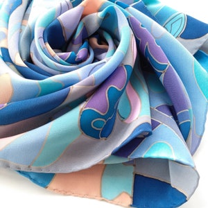 Lavanda Mosaic Silk scarf. Tessellation forms and lines. Both sides hand painted silk, hand rolled edges. Square silk scarf. Ready to ship