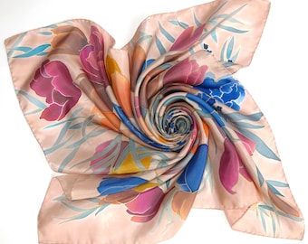 Hand Painted Silk Scarf, Tulips Flowers, Square Shawl (27.5")