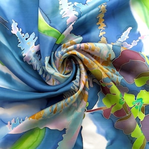 square silk scarf Fern Flowers.Hand painted silk scarf . Green, blue, pink silk scarves. Batik designer scarf.