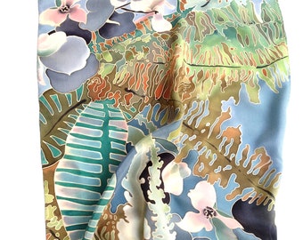 silk scarf Fern Flowers in Matisse colors. Hand painted silk scarf. Floral Batik Scarves. Green, blue, pink. Handpainted silk flowers