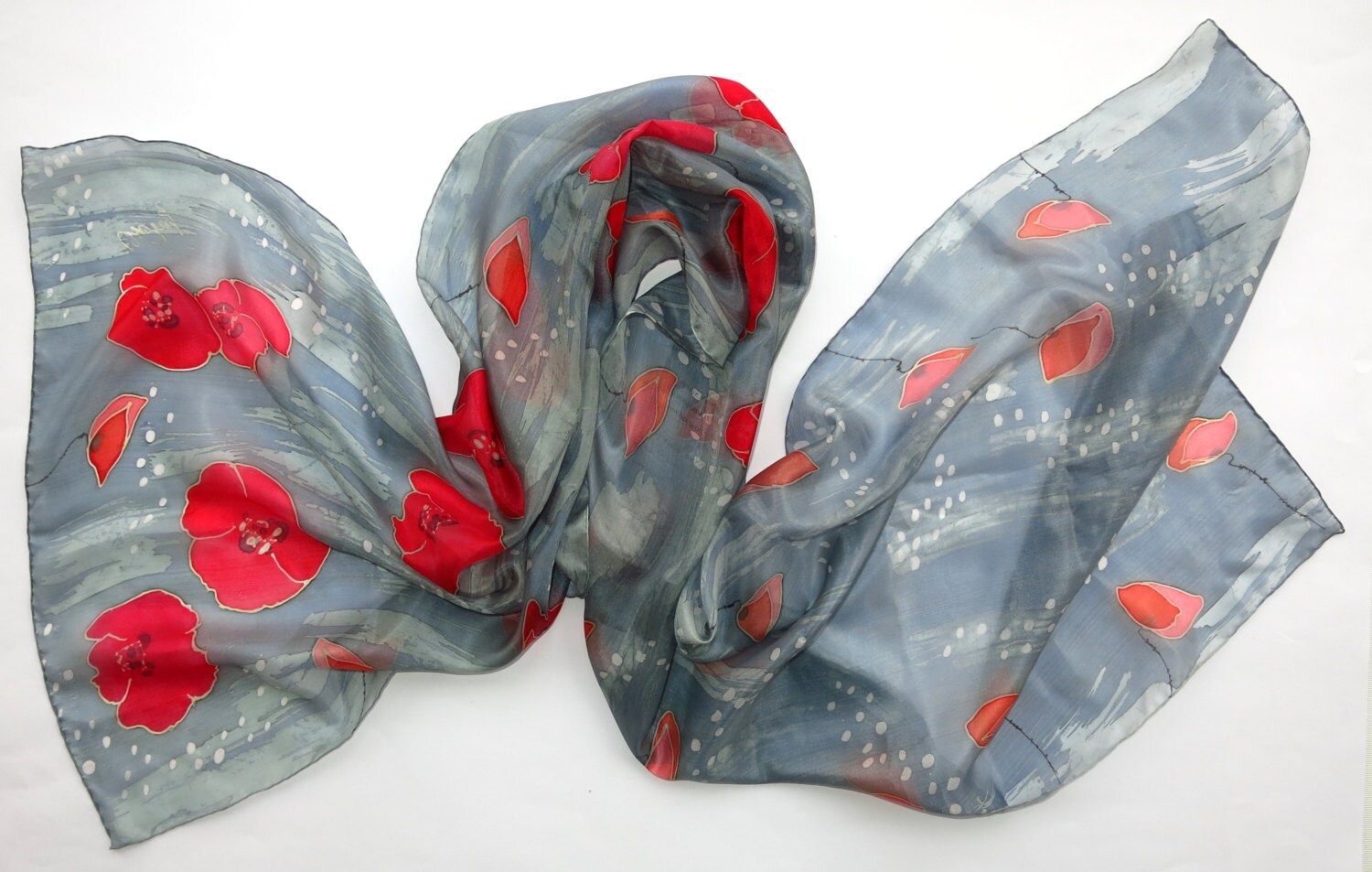 Poppies Silk Scarf. Hand Painted Silk Scarf. Red Poppy on Gray. Floral ...