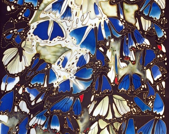 Silk Painting - Butterflies at Night - Hand painted silk. Batik painting on silk. Blue, white silk art painting. Abstract art