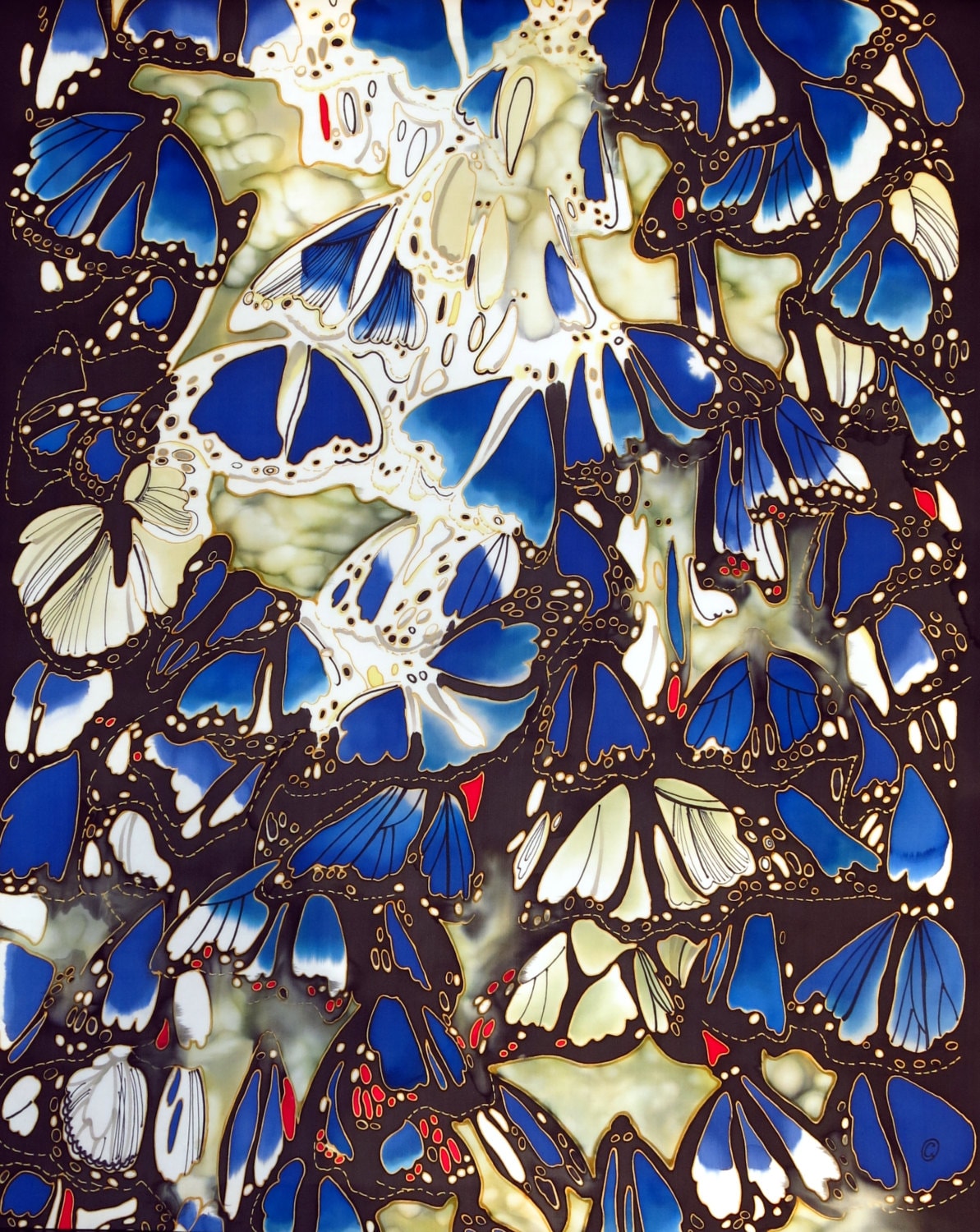 Hand-Painted Silk Painting - Butterflies at Night, Blue Abstract Art (35x41")