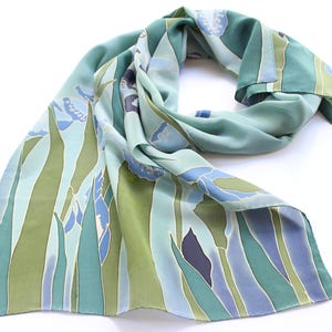 Iris Silk scarf Hokusai. Scarf hand made. Blue, green. Handpainted silk shawl. Painting by Katsushika Handpainted silk scarves