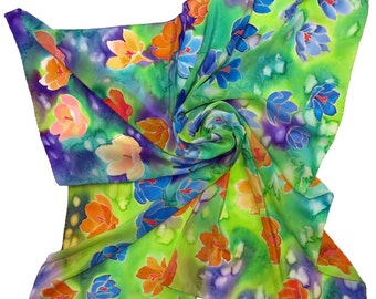 green silk scarf Crocuses. Hand painted silk scarf with orange yellow and blue painted silk.  Handpainted scar