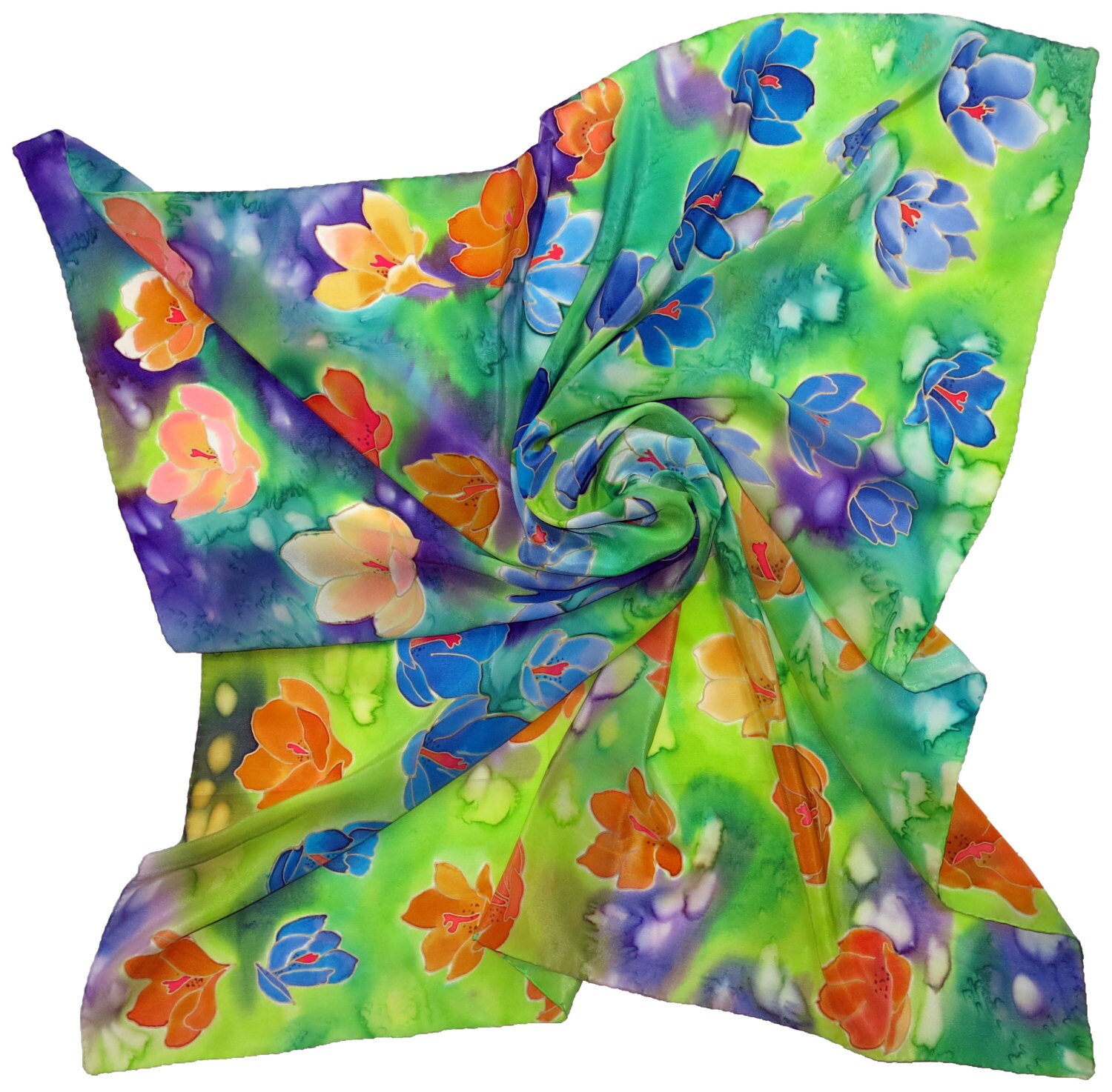 Green Silk Scarf Crocuses. Hand Painted Silk Scarf With Orange Yellow