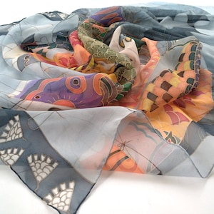 Japan Fishes light Silk scarf. Both sides hand painted silk scarf - kites in the shape of carps. Silk scarf koi , square shawl