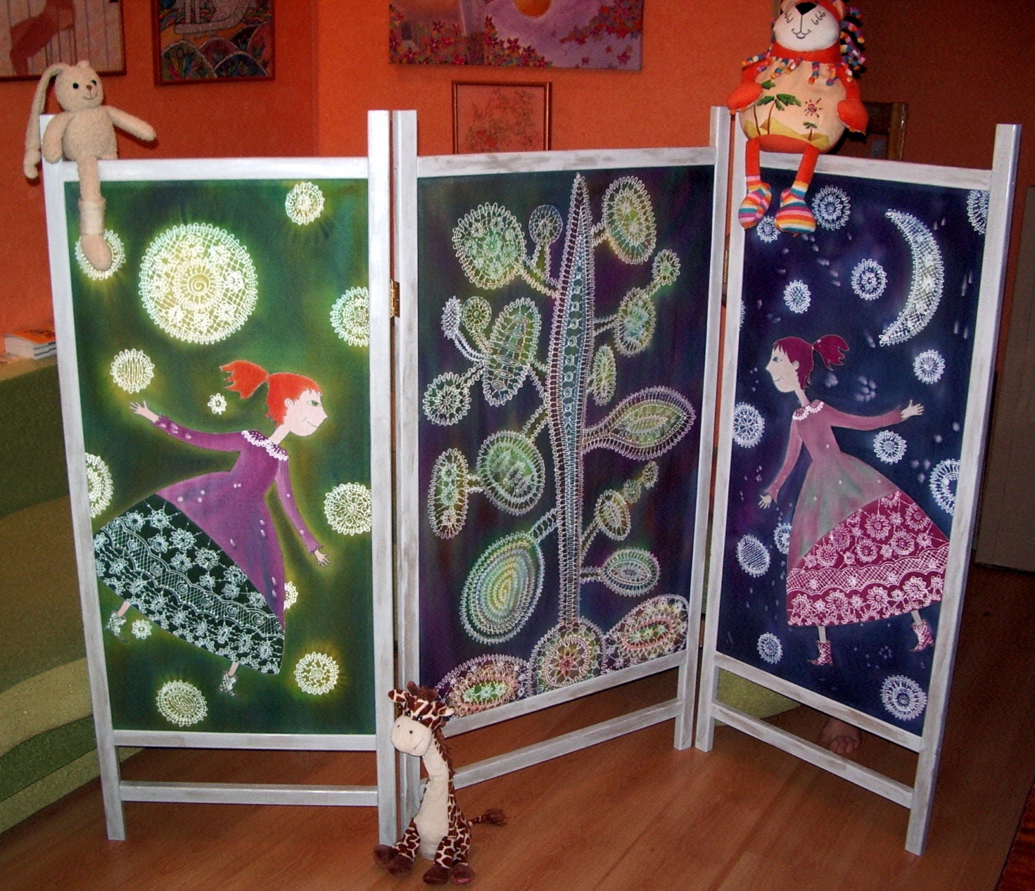 Screen Room Folding, Room Divider, Cotton Screen Happy Girl Hand