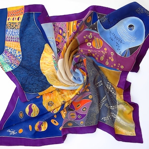 Klimt silk scarf. Natural silk Hand painted silk scarf in yellow, magenta, blue painted silk. Batik scarf silk painting. Luxury Silk shawl