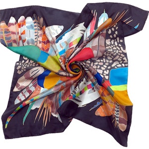 Silk scarf Africa Black shawl hand painted.  Handmade silk scarf, painted on two sides. Square scarf with hand rolled edges.