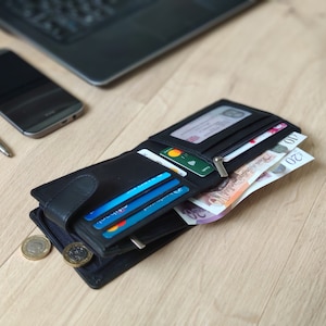 Cartera con bloqueo RFID para hombre - Cartera de cuero para hombre - Capacidad para hasta 9 tarjetas - Compartimento oculto para billetes con cremallera - Bolsillo para monedas - Regalo de cumpleaños