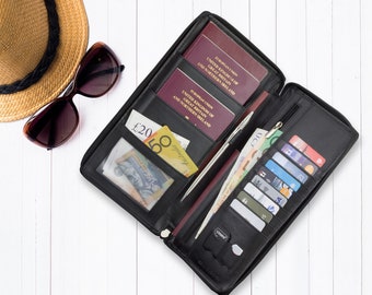 Organiseur de voyage personnalisé, Portefeuille pour passeport, Porte-passeport pour vacances en famille, Portefeuille de voyage RFID en cuir, Cadeau de mariage pour couple