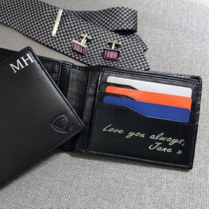 Cartera personalizada con iniciales - Cartera de cuero RFID para hombre - Cuero italiano negro de lujo - Regalo grabado para él