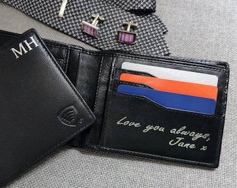 Personalised Wallet with Initials - Mens RFID Leather Wallet - Luxury Black Italian Leather - Engraved Gift for Him