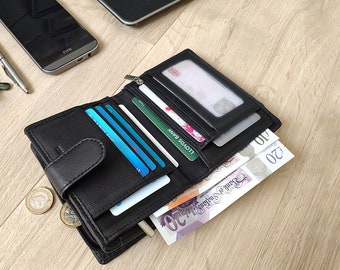 Cartera de cuero hecha a mano con un gran bolsillo con cremallera para monedas y ventana para identificación personalizada. Tarjetero para cumpleaños y aniversario.