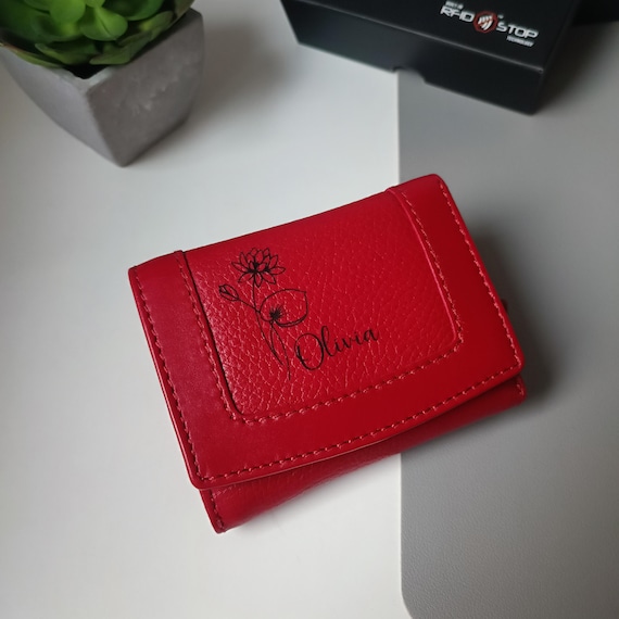 Birth Flower Gift Leather Wallet for Women, Personalised Birthday
