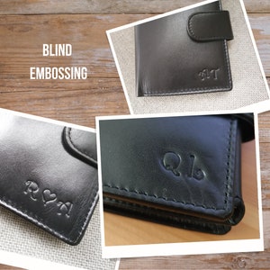 May include: Three black leather wallets with blind embossed initials. The initials are "R&N", "QLB", and "AT".
