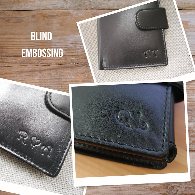 May include: Three black leather wallets with blind embossed initials. The initials are "R&N", "QLB", and "AT".