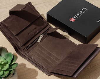 Cartera de cuero personalizada para hombre, hecha a mano, con protección RFID, regalo personalizado para novio, papá, esposo o abuelo.