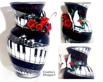 CUSTOM VASE: Hand Painted/Sculpted Piano/Music Lyrics Design  -Cynthia's Exclusive Design!  -Let Me Design A Special Vase For YOU!
