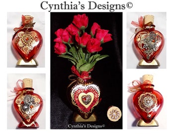 6.25" Red Heart Shaped Bottle   -Cynthia's Exclusive Designs!  (A Wick Adapter Can be Added For An Oil Candle Jar)