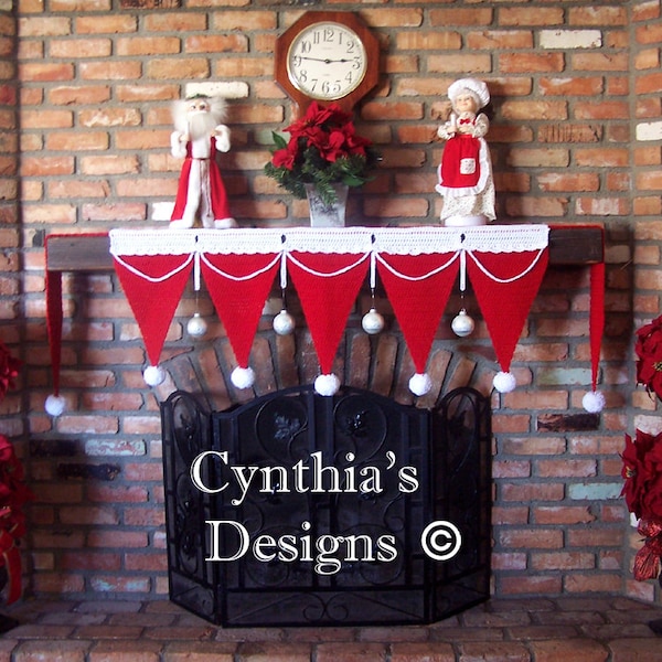Fireplace Mantle Scarf of Christmas Hats -Crocheted  (Ornaments-Dolls-Pillow not included)  135.5 Inches Long To Fit Any Fireplace Mantle!