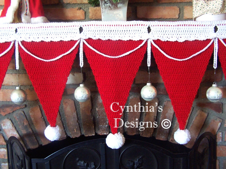 Fireplace Mantle Scarf of Christmas Hats Crocheted Ornaments-Dolls-Pillow not included 135.5 Inches Long To Fit Any Fireplace Mantle image 5