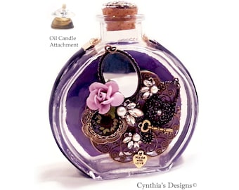 Bath Oil, Perfume or Candle Oil Jar Beautifully Hand Painted and Jeweled!  -Cynthia's Original Design