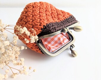 Handmade Orange Crochet Coin Purse, Orange Brown Coin Purse, Kiss Lock, Cotton Wallet
