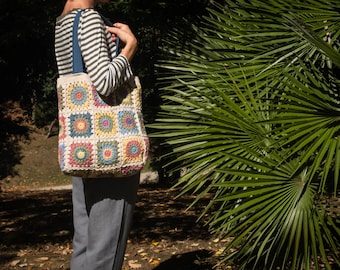 Retro granny square colourful crochet bag, white crochet shoulder bag, crochet tote bag with lining