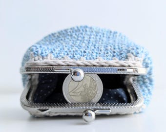 Handmade Crochet Coin Purse, Kiss Lock Clasp Wallet, Blue Cotton Knit Pouch